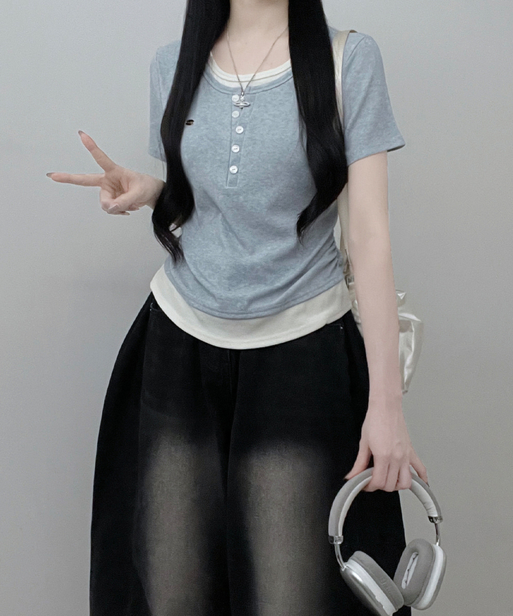 レイヤードシアリング半袖Tシャツ SKY BLUE