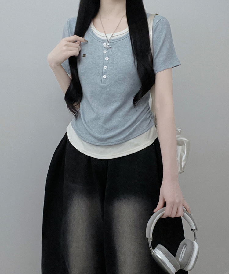 レイヤードシアリング半袖Tシャツ SKY BLUE