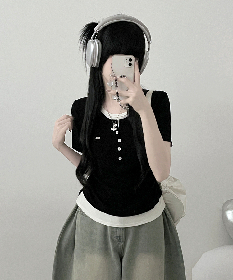 レイヤードシアリング半袖Tシャツ BLACK