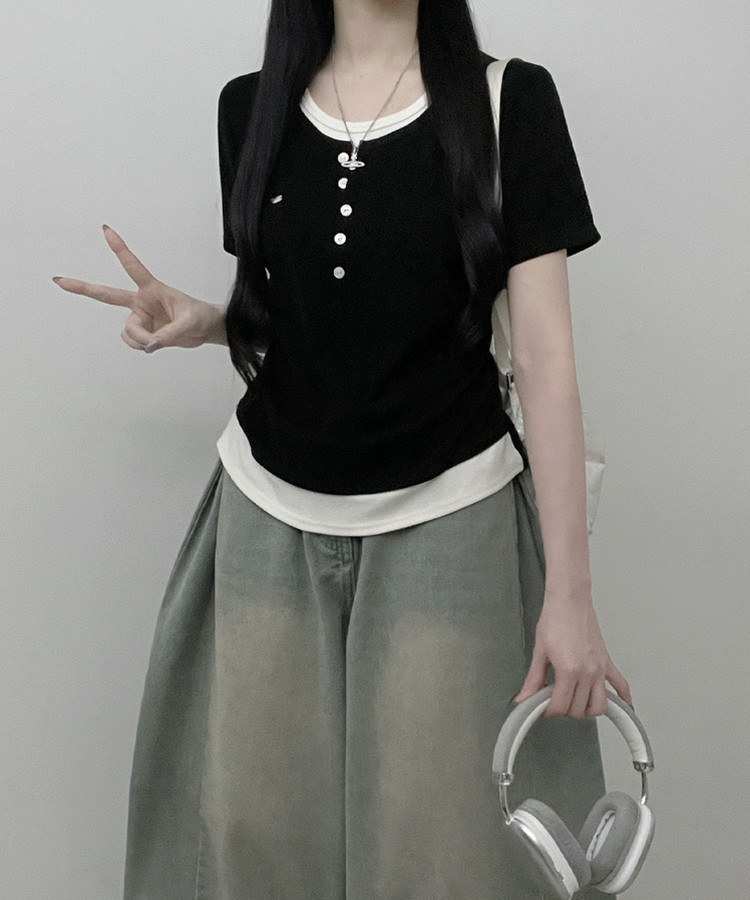 レイヤードシアリング半袖Tシャツ BLACK