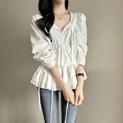 フリルストラップ長袖ブラウス IVORY