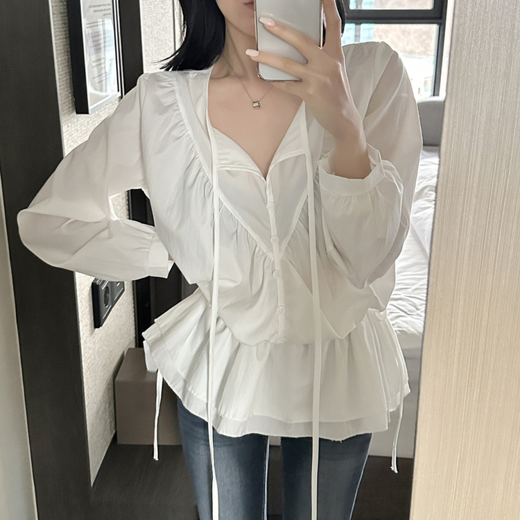 フリルストラップ長袖ブラウス IVORY