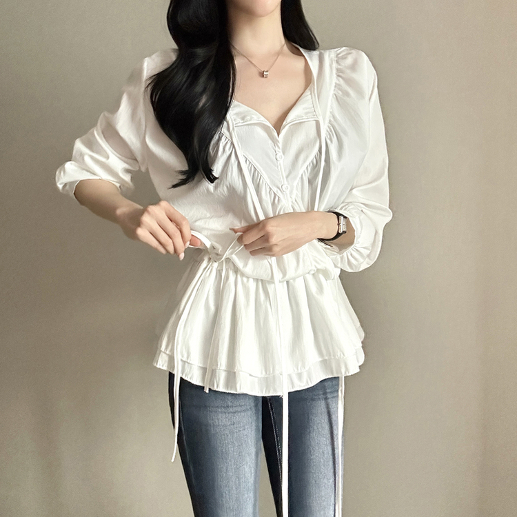 フリルストラップ長袖ブラウス IVORY