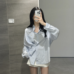 ストライプパステルポケット長袖シャツ SKY BLUE