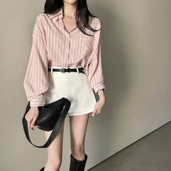 ストライプパステルポケット長袖シャツ PINK