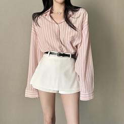 ストライプパステルポケット長袖シャツ PINK