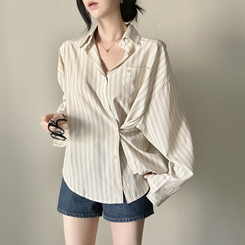 ストライプパステルポケット長袖シャツ BEIGE