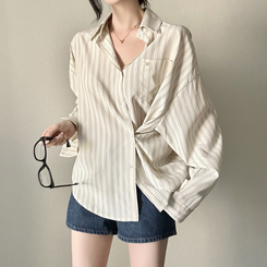 ストライプパステルポケット長袖シャツ BEIGE