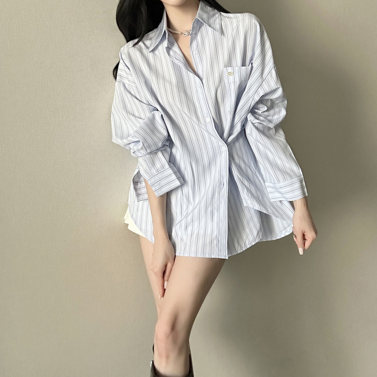 ストライプパステルポケット長袖シャツ SKY BLUE