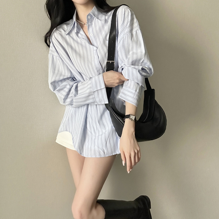 ストライプパステルポケット長袖シャツ SKY BLUE