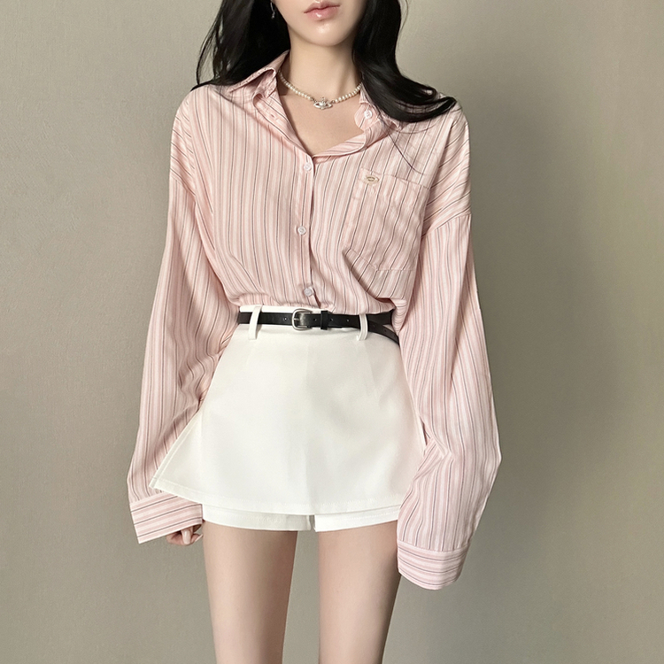 ストライプパステルポケット長袖シャツ PINK