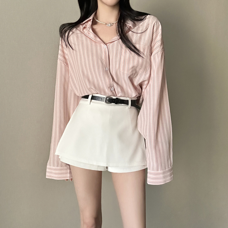 ストライプパステルポケット長袖シャツ PINK