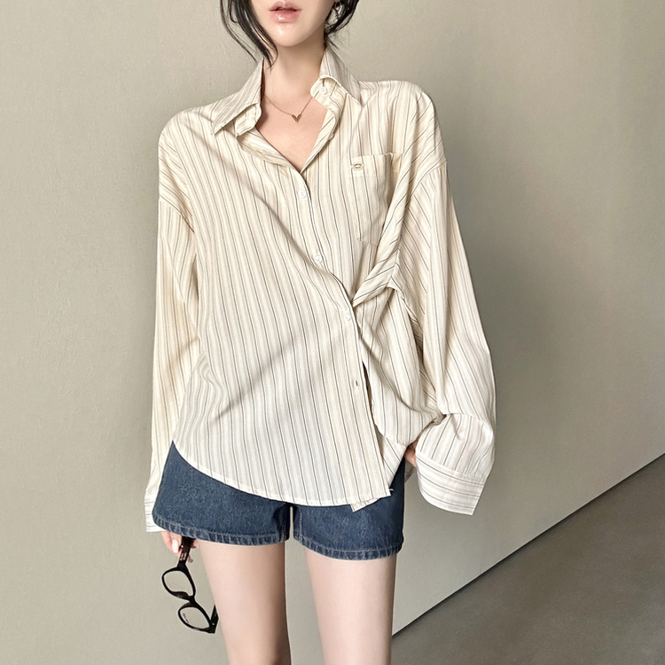 ストライプパステルポケット長袖シャツ BEIGE