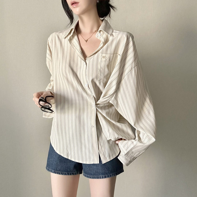 ストライプパステルポケット長袖シャツ BEIGE