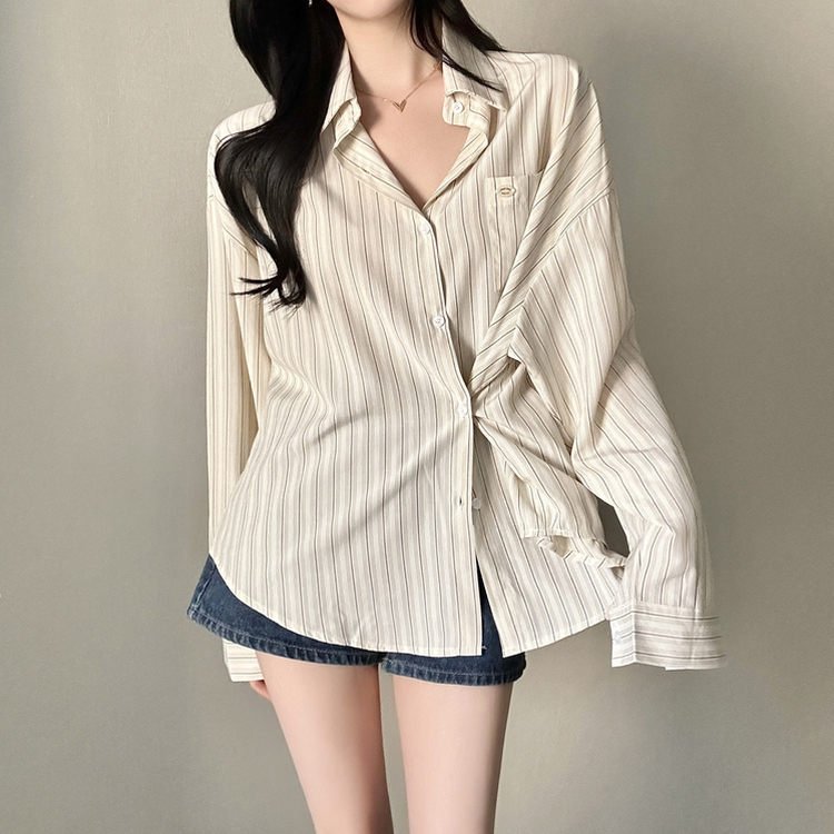 ストライプパステルポケット長袖シャツ BEIGE