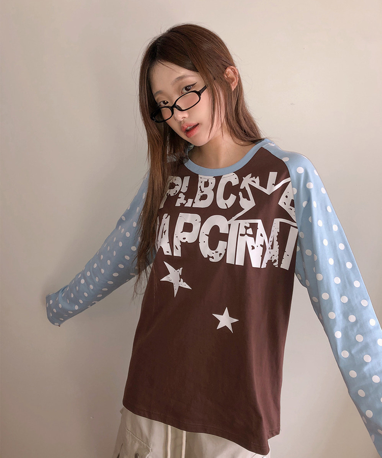 ラグランドットプリント長袖Tシャツ｜長袖Tシャツ｜韓国ファッション