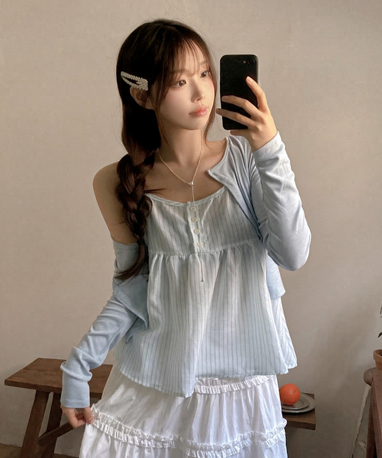 포코 소다 스트라이프 나시 가디건 투피스 세트 소라