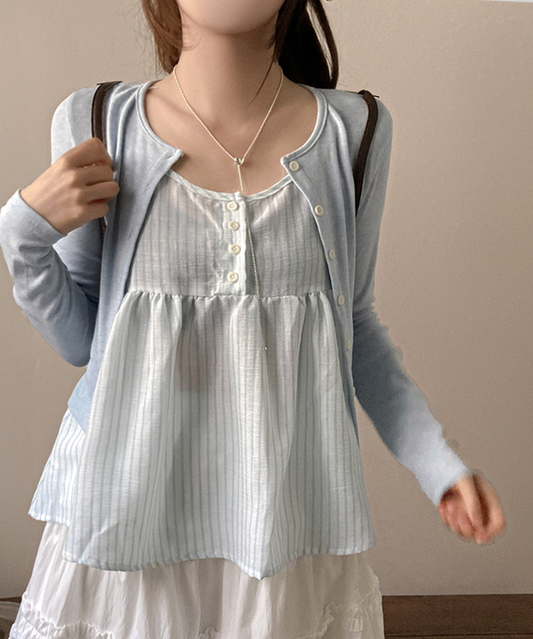 포코 소다 스트라이프 나시 가디건 투피스 세트 소라