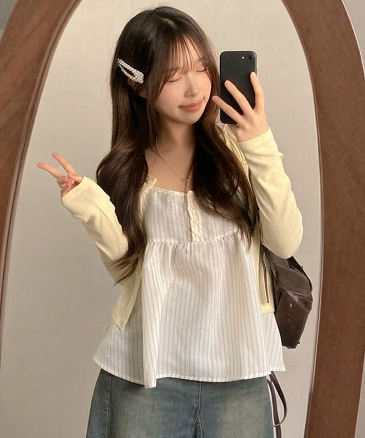 포코 소다 스트라이프 나시 가디건 투피스 세트 옐로우