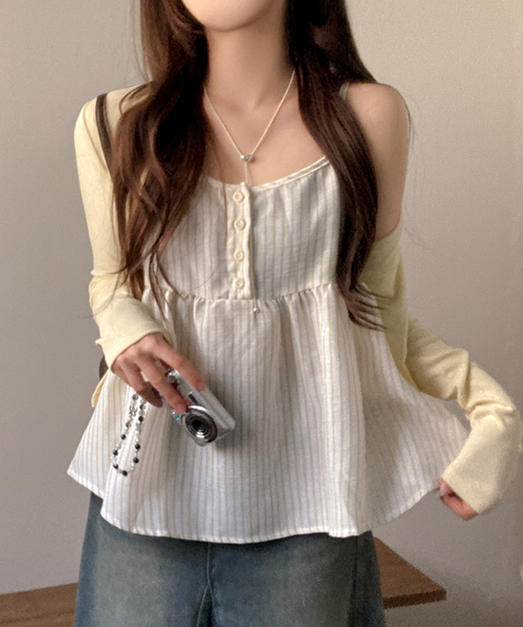 포코 소다 스트라이프 나시 가디건 투피스 세트 옐로우