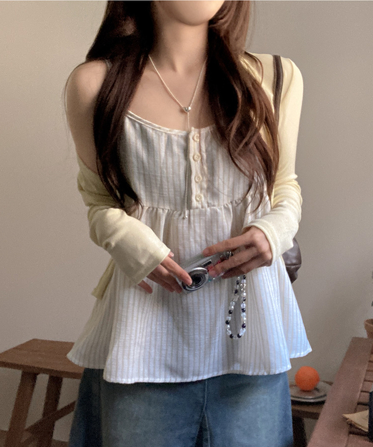 포코 소다 스트라이프 나시 가디건 투피스 세트 옐로우