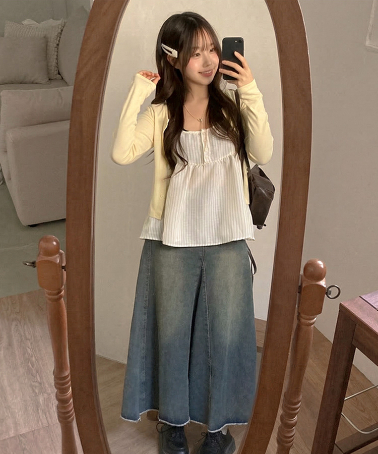 포코 소다 스트라이프 나시 가디건 투피스 세트 옐로우