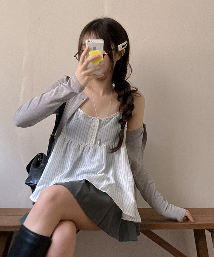 포코 소다 스트라이프 나시 가디건 투피스 세트 그레이