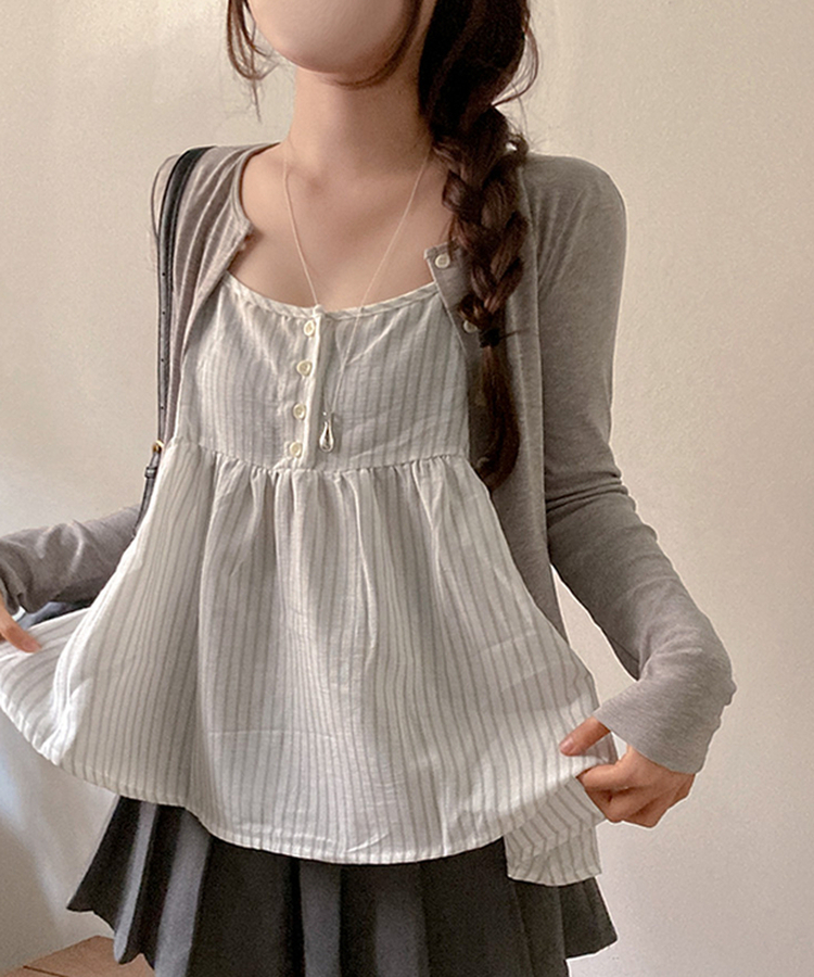 포코 소다 스트라이프 나시 가디건 투피스 세트 그레이