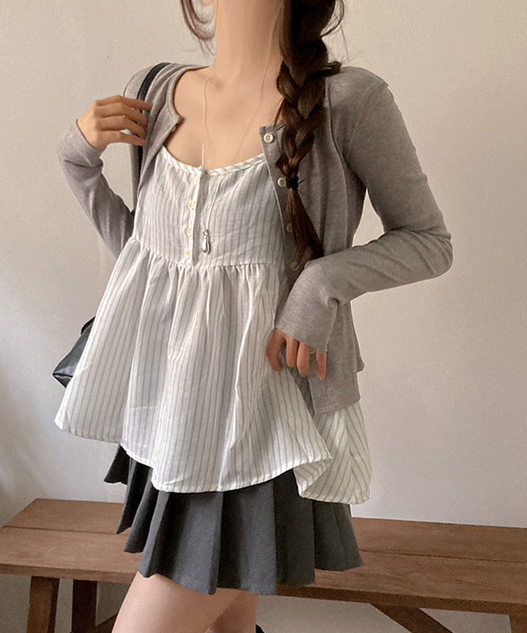 포코 소다 스트라이프 나시 가디건 투피스 세트 그레이