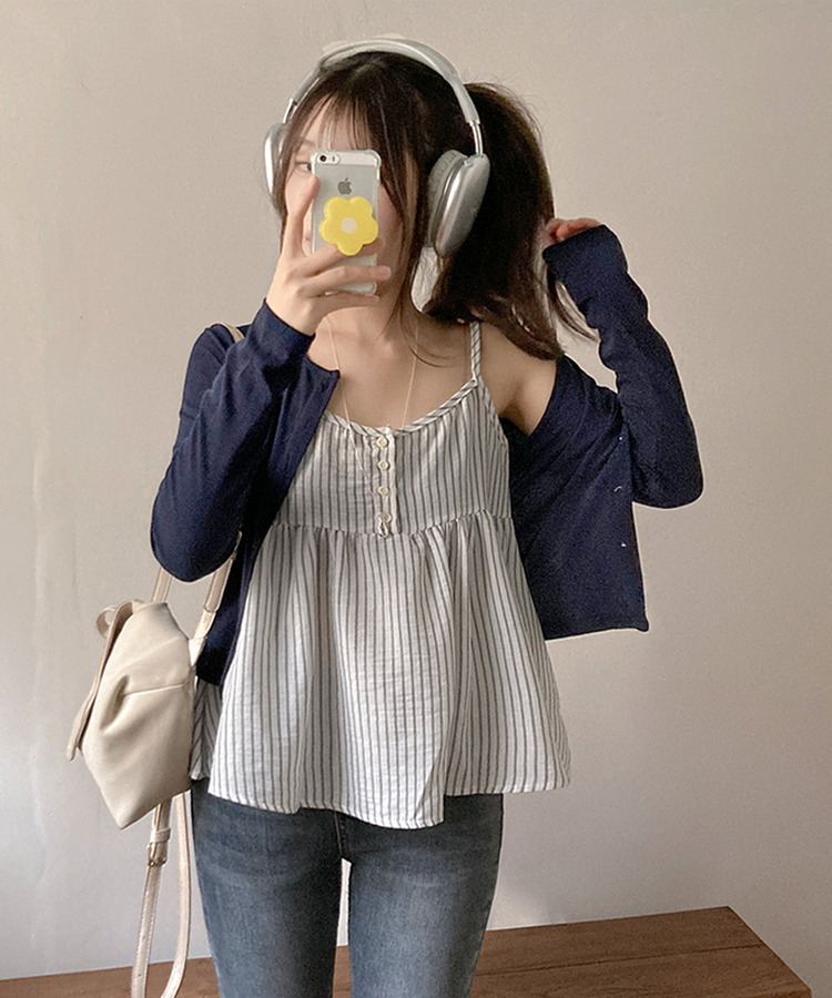 포코 소다 스트라이프 나시 가디건 투피스 세트 네이비