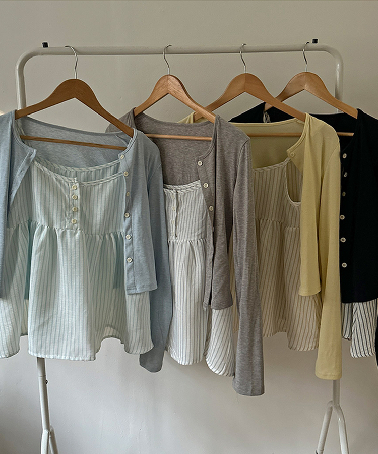 포코 소다 스트라이프 나시 가디건 투피스 세트