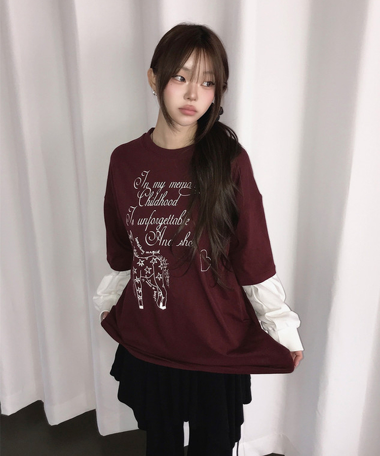 プリント半袖レイヤード長袖Tシャツ｜長袖Tシャツ｜韓国ファッション