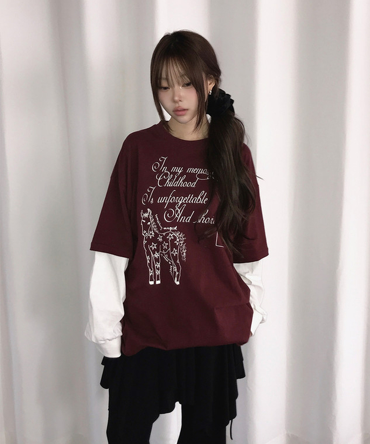 プリント半袖レイヤード長袖Tシャツ｜長袖Tシャツ｜韓国ファッション