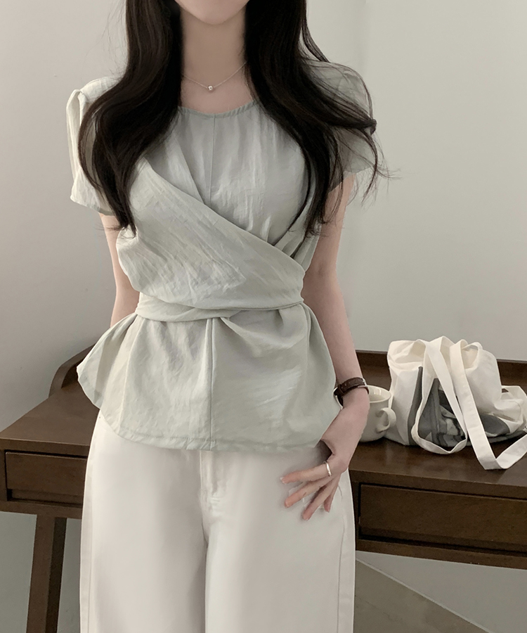 [반팔추가?/데이트룩] 벨르 백리본 꼬임 랩 블라우스 - 3colo 그레이민트