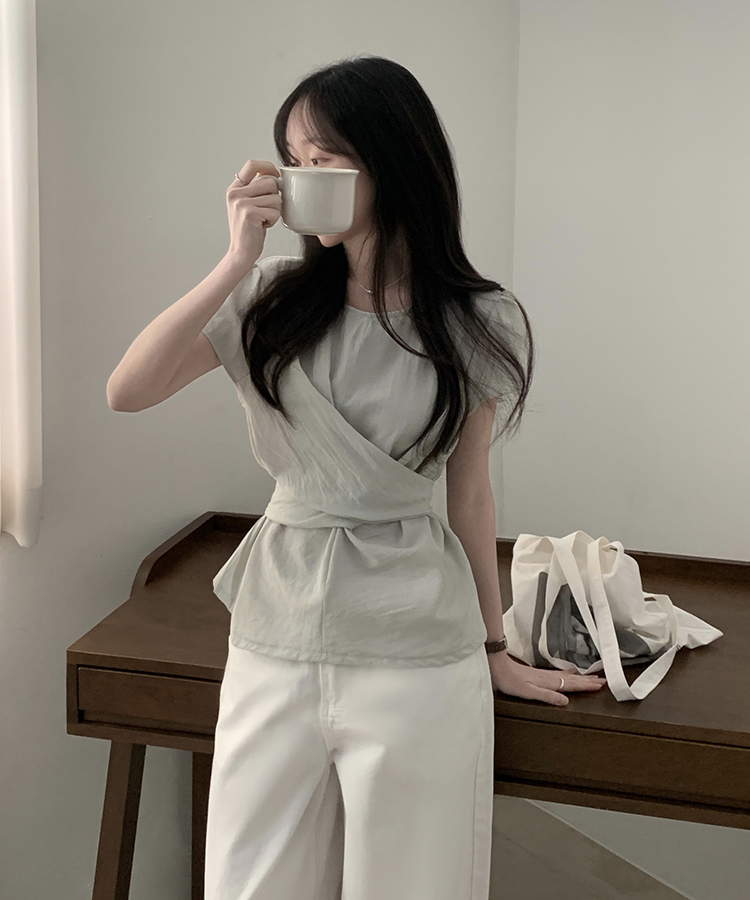 [반팔추가?/데이트룩] 벨르 백리본 꼬임 랩 블라우스 - 3colo 그레이민트