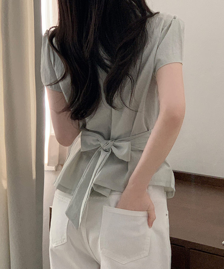 [반팔추가?/데이트룩] 벨르 백리본 꼬임 랩 블라우스 - 3colo 그레이민트