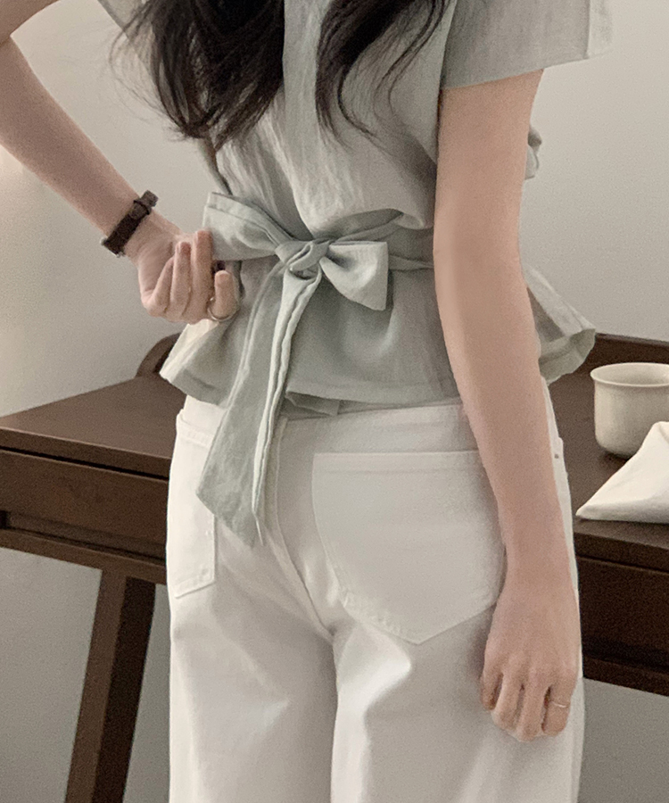 [반팔추가?/데이트룩] 벨르 백리본 꼬임 랩 블라우스 - 3colo 그레이민트