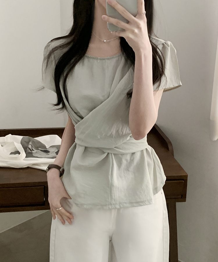 [반팔추가?/데이트룩] 벨르 백리본 꼬임 랩 블라우스 - 3colo 그레이민트