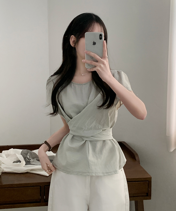 [반팔추가?/데이트룩] 벨르 백리본 꼬임 랩 블라우스 - 3colo 그레이민트