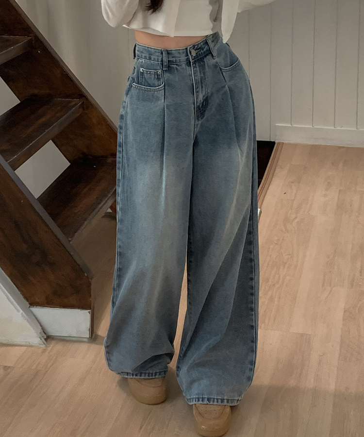 ピンテックハイウエストデニムパンツ MID DENIM