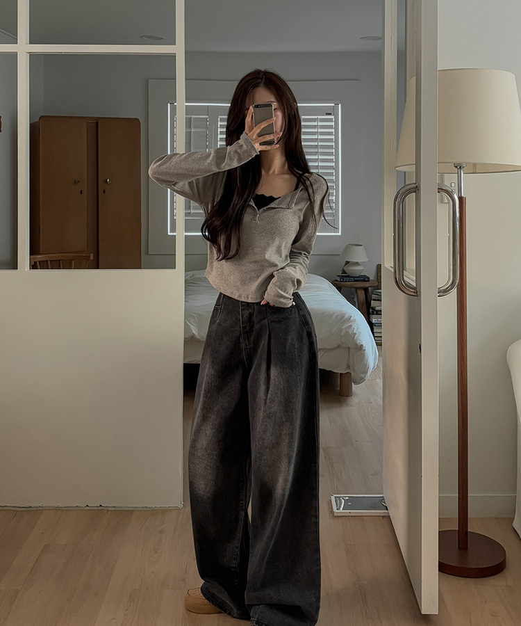 ピンテックハイウエストデニムパンツ BLACK DENIM