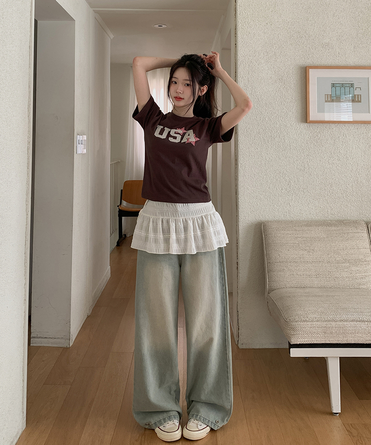 裾ボタンビンテージワイドデニム LIGHT DENIM