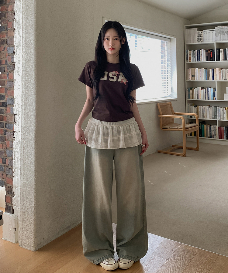 裾ボタンビンテージワイドデニム LIGHT DENIM