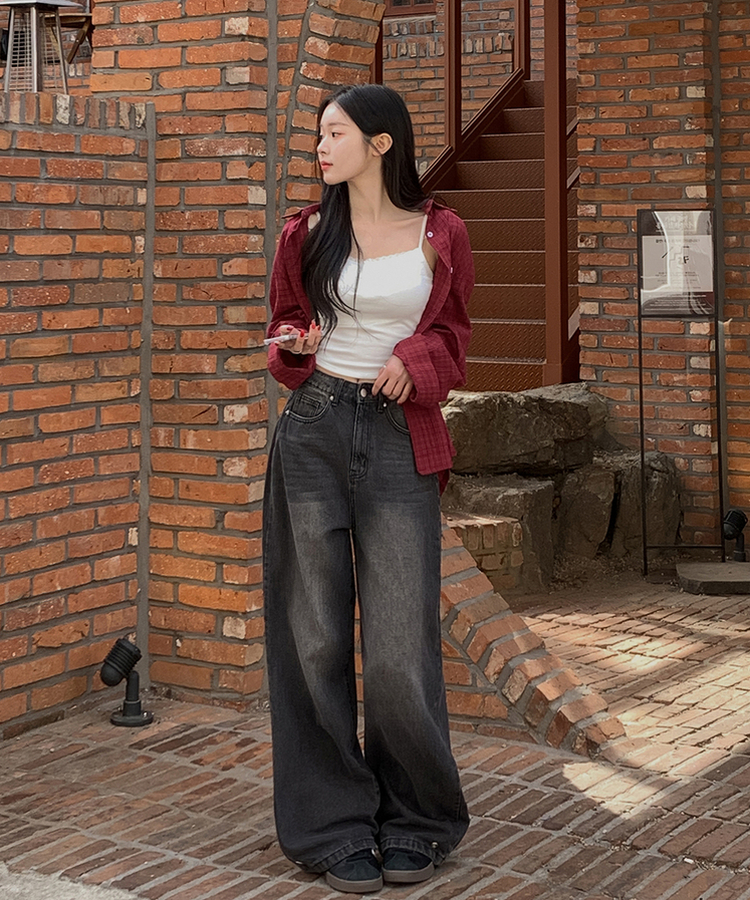 裾ボタンビンテージワイドデニム BLACK DENIM