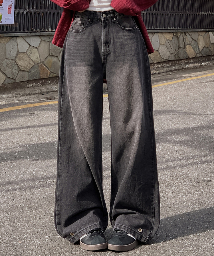 裾ボタンビンテージワイドデニム BLACK DENIM