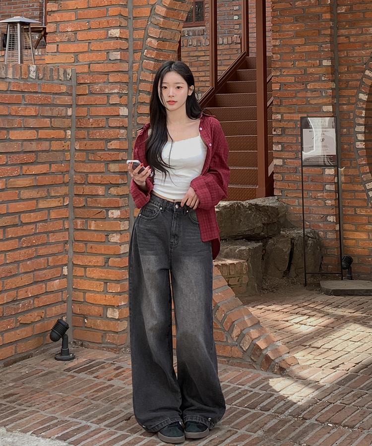 裾ボタンビンテージワイドデニム BLACK DENIM