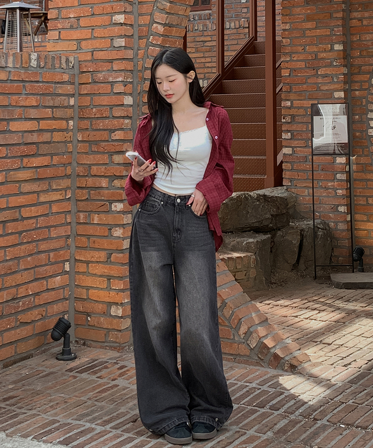 裾ボタンビンテージワイドデニム BLACK DENIM