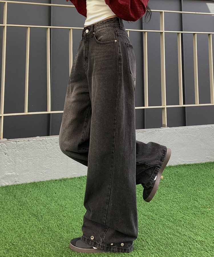 裾ボタンビンテージワイドデニム BLACK DENIM