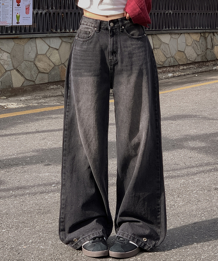 裾ボタンビンテージワイドデニム BLACK DENIM
