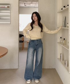 【丈別】スリットラインワイドロングデニム MID DENIM